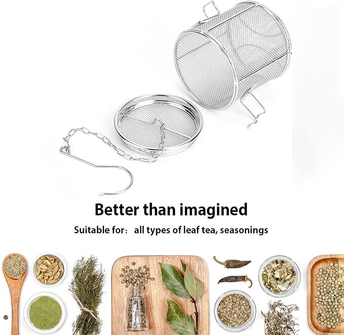 Seasoning Strainer, Stainless Steel Spice Filter, Cooking Spice Filter, Mesh Design Tea Ball Strainer Soup Seasonings Seperation Basket Filter with Chain Hook for Home Restaurant (10 * 10cmLarge Size)