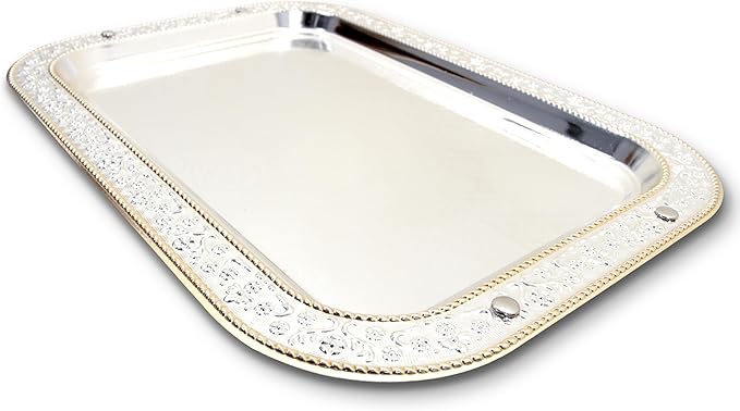 13.5 inch x 9.4 inch Oblong Chrome Plated Serving Tray Stylish Design Floral Engraved Iron Gold Edge Decorative Party Dessert Buffet Décor Wine Platter Plate NC-226