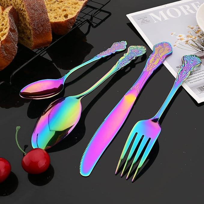 JASHII 4-Piece Multicolour Palace Cutlery Set Silverware Set, Mirror Polished, Stainless Steel Flatware Cutlery Eating Utensils Service for 1, Unique Elegant Pattern, Dishwasher Safe (Rainbow)