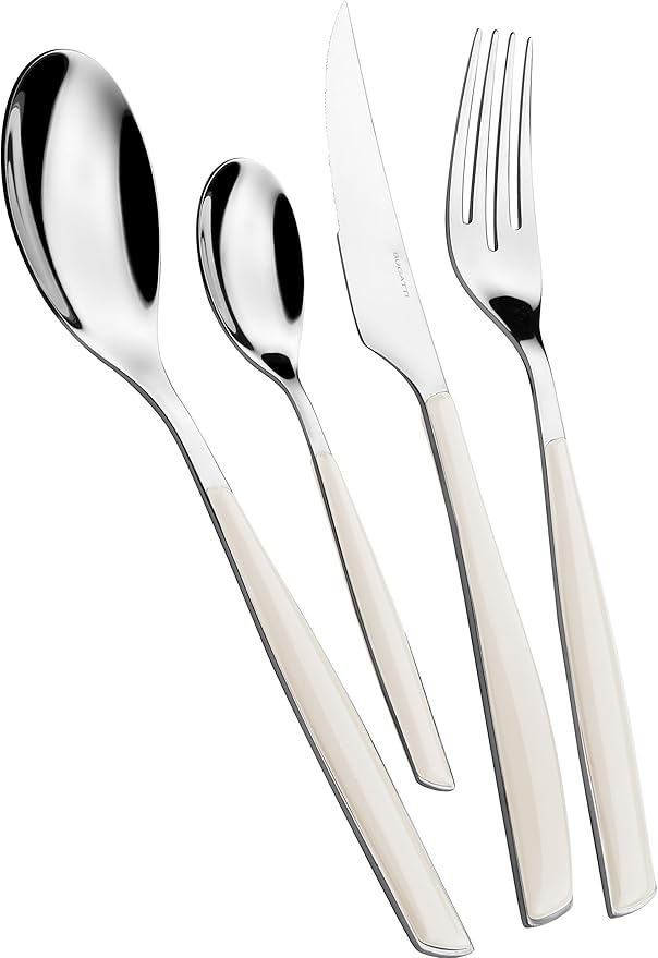 BUGATTI, Glamour 4 Piece Cutlery Set 18/10 Stainless Steel Ivory Handle Cutlery Set for 1 Person 1 Spoon Fork Knife Teaspoon