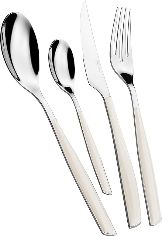 BUGATTI, Glamour 4 Piece Cutlery Set 18/10 Stainless Steel Ivory Handle Cutlery Set for 1 Person 1 Spoon Fork Knife Teaspoon