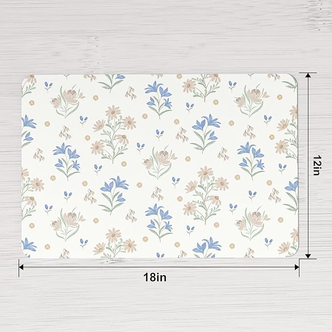 QIYI Placemats Set of 6, 12x18 Inch PU Leather Place Mats for Kitchen Dinning, Heat Resistant Anti Slip Floral Table Mats, Waterproof Wipeable Washable Placemat Party Table Décor, Minimal Flowers