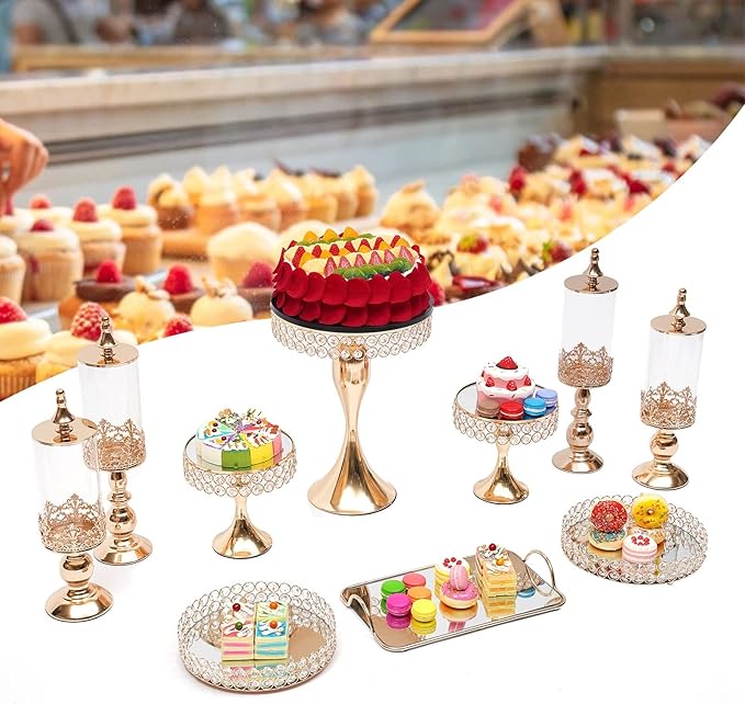 10 Pack Cake Stands Set Metal Cupcake Holder Cake Tray Crystal with Acrylic Mirror, Dessert Display Plate Decor Serving Platter for Party Wedding Birthday Baby Shower Celebration Home Decoration