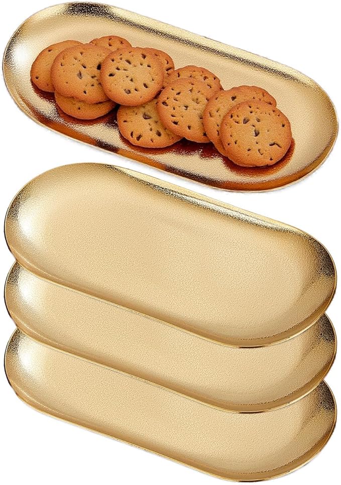 SANQIAHOME 7X3 inch ellipse Appetizer Plates,thick stainless steel Dinner Plates, Pasta Dessert Plates for Sushi, Fruit oven/Dishwasher Safe, Set of 4,Gold
