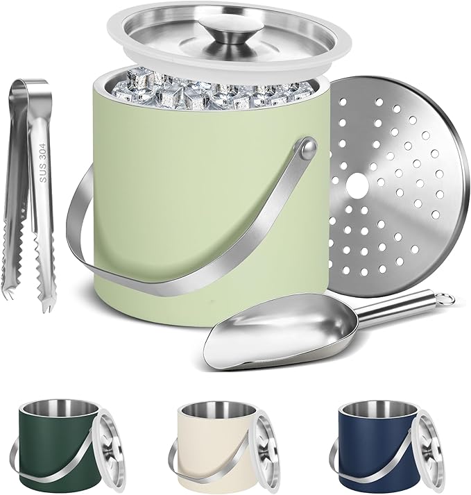Ice Bucket, Ice Bucket with Silicone Sealing Ring Double-Wall Vacuum Insulation Champagne Buckets with Filter Layer Ice Tongs Ice Scoop (Light Green, 3 L)