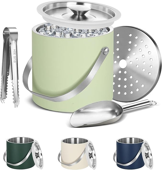 Ice Bucket, Ice Bucket with Silicone Sealing Ring Double-Wall Vacuum Insulation Champagne Buckets with Filter Layer Ice Tongs Ice Scoop (Light Green, 3 L)