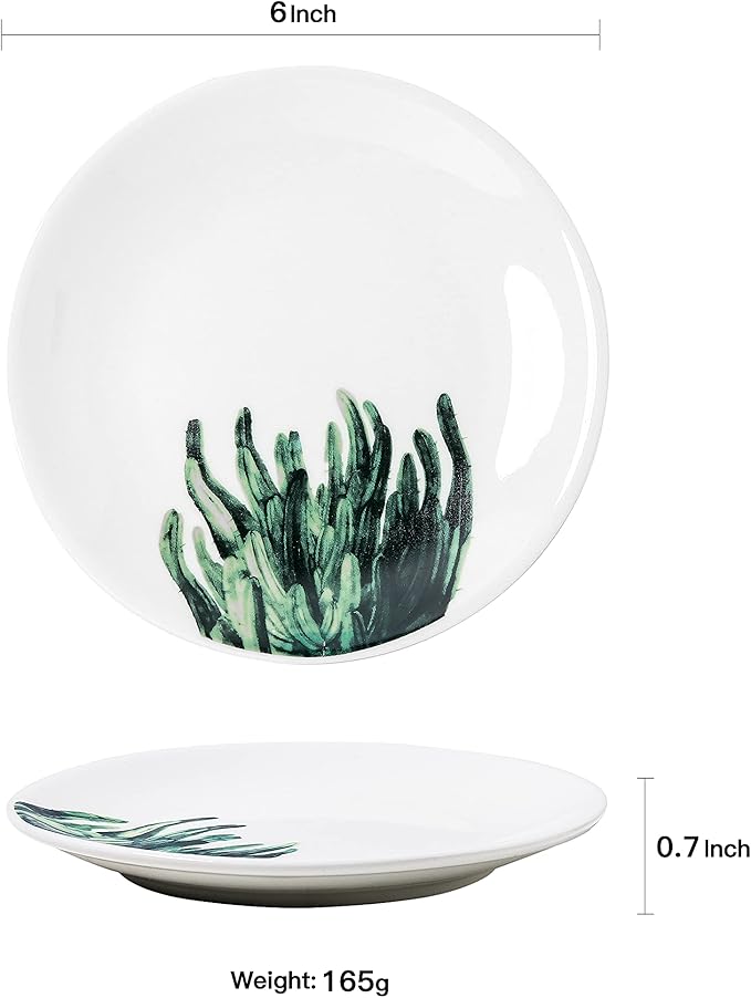6 Inch Set of 6 Assorted Designs, Small Porcelain Plates with Plants Pattern,White Ceramic Dinnerware for Appetizer Luncheon Snacks Dessert Serving Bread, Microwave Oven Dishwasher Safe