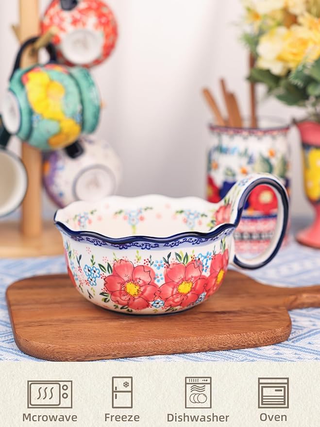 silesia Handmade Ceramic Soup Bowl, 30 oz Hand Painted Bowl with Loop Handle, Floral Design Cereal Bowl for Soup, Ice cream, Snack, Microwave & Dishwasher Safe (Flowers Pink)