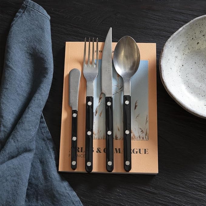 SABRE PARIS - 5-Piece Flatware Set - Bistrot Vintage Collection - Knives, Forks, Soup Spoons, Teaspoons & Dessert Forks - Stainless Steel & Acrylic - Dishwasher Safe - Black - Mat Finish
