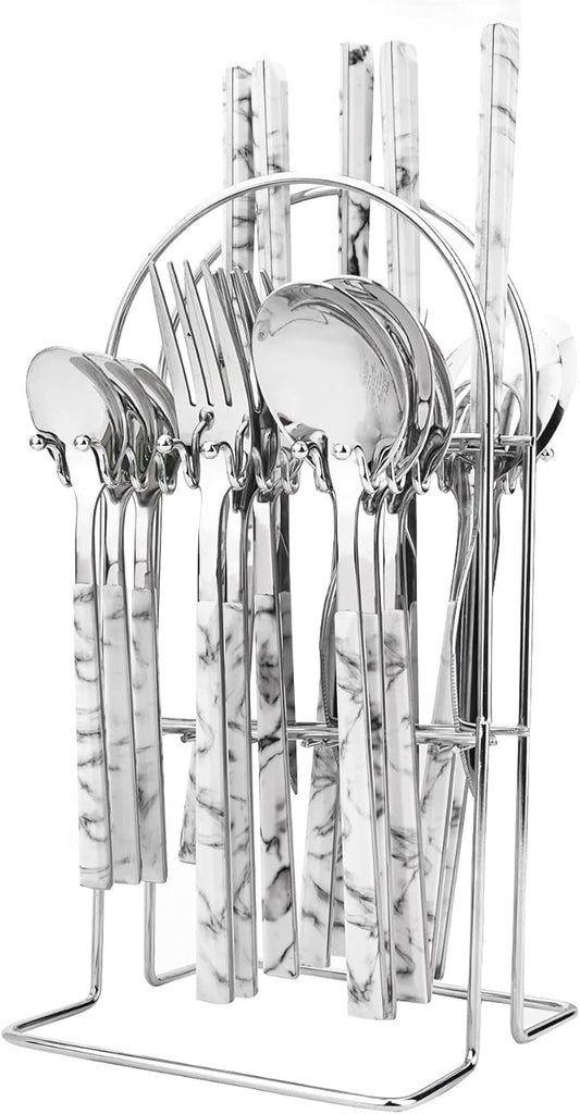 Silverware Set, 24 Piece Mirror Flatware Set With Stand, Stainless Steel Utensils With White Marble Texture Handle, A Complete Cutlery Set For Most Families, Service For 6