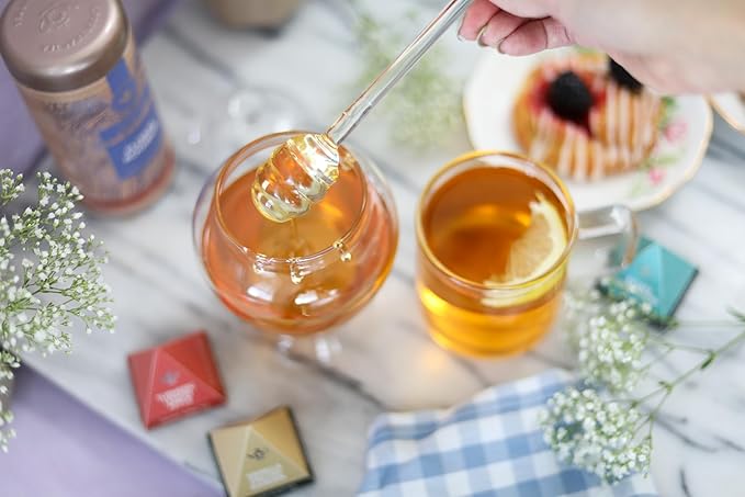 Teabloom Pure Bliss Honey Jar with Dipper and Lid - Hand-crafted with Highly Hygienic, Non-Porous Borosilicate Glass (14 oz)