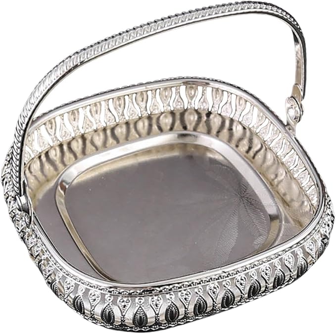 Retro Square Fruit Tray with Handle, Candy Serving Plate, Dry Nut Dish, Snack Dessert Storage Plate, Decorative Fruit Bowl for Parties, Family Gatherings, Bars and Cafes