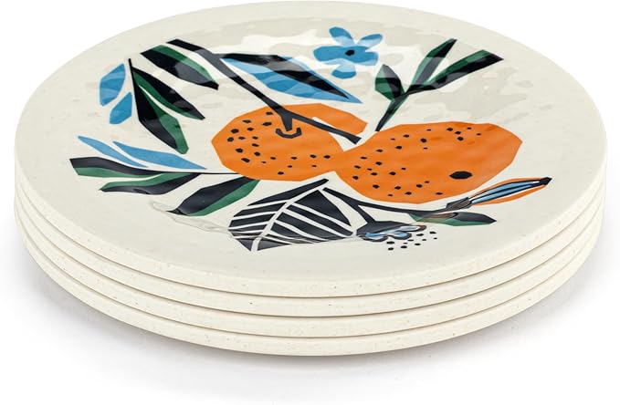 DEMDACO Decorative Dining Dish Appetizer Plate, 6.5 Inch Melamine Set of 4, Citrus Blooms