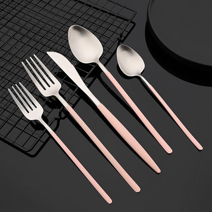 JASHII Matte Pink and Silver Silverware Set, 304 Stainless Steel Flatware Set Service for 4, Tableware Cutlery Set for Home Restaurant Party, Dinner Forks/Spoons/Knives, Slim Handle, Dishwasher Safe