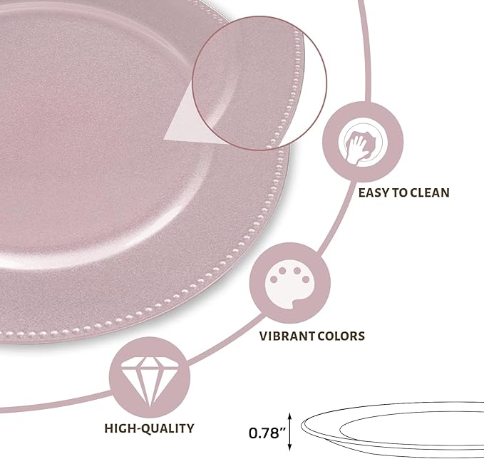 MAONAME 13" Pink Charger Plates, Plastic Plate Chargers with Beaded, Round Charger for Dinner Plates, Plate Chargers for Wedding, Table Decor, Set of 6