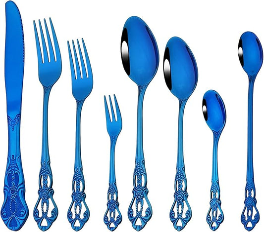 Elegant 32-Piece (4 Set) Retro Flatware Set, Stainless Steel Cutlery Set - Complete Eating Tableware Serving Set, Dishwasher Safe, Shiny Mirror Polish (Blue)