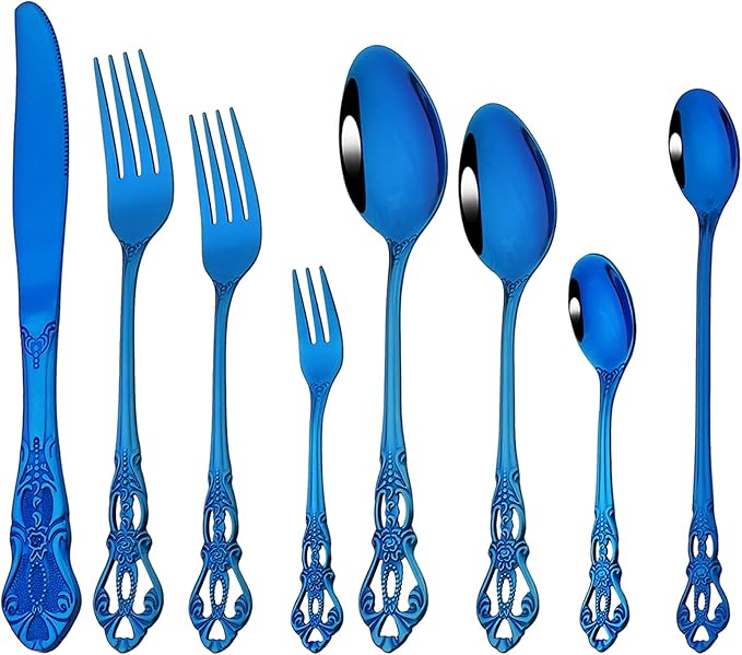 Elegant 32-Piece (4 Set) Retro Flatware Set, Stainless Steel Cutlery Set - Complete Eating Tableware Serving Set, Dishwasher Safe, Shiny Mirror Polish (Blue)