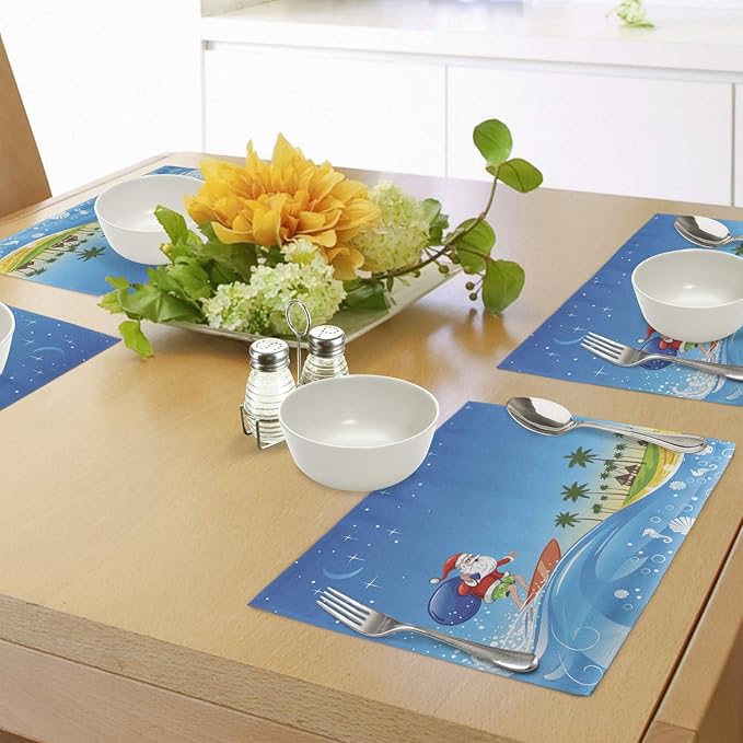 Ambesonne Christmas Place Mats Set of 4, Surfing Santa on a Wave with Sack at The Beach Tropical Night Fantasy Cartoon, Washable Fabric Placemats for Dining Table, Standard Size, Blue