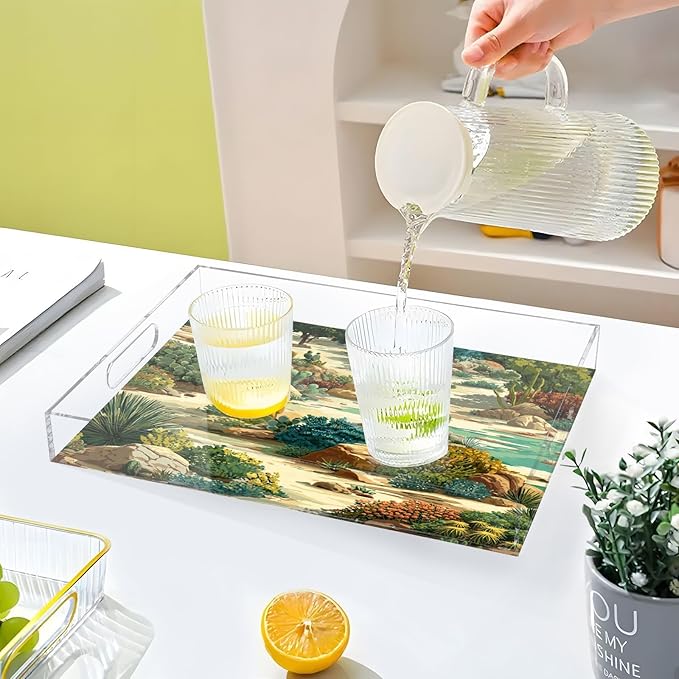 Serving Tray with Handles Clear Acrylic Tray 12x16 Inch Decorative Rectangular Tray Organizer for Ottoman Coffee Table Bathroom Mexico Desert Cactus Green
