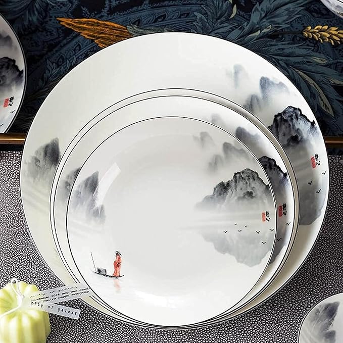 ☆Dinnerware Sets for 4/6/12,Black and White Plates Bowls Set,Chinese Dinner Set,Dish Set/Tableware Ancient Ink Painting Design-For Home,Kitchen Dinning,35 Pieces, size