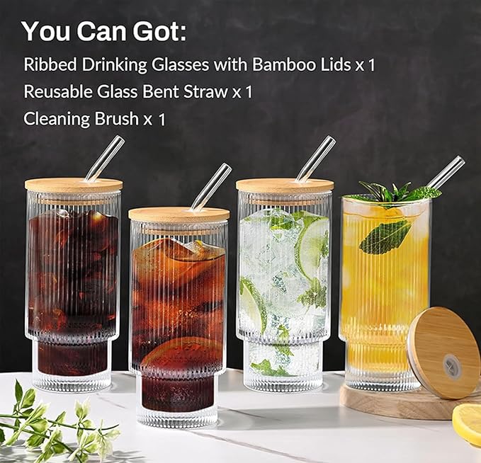 AFINSEA 16OZ Ribbed Glass Cups with Lids and Straws,Iced Coffee Cups with Lid,Vintage Glassware for Whiskey Cocktail Beer Fruit Juice Glasses Tumbler(1Pack)