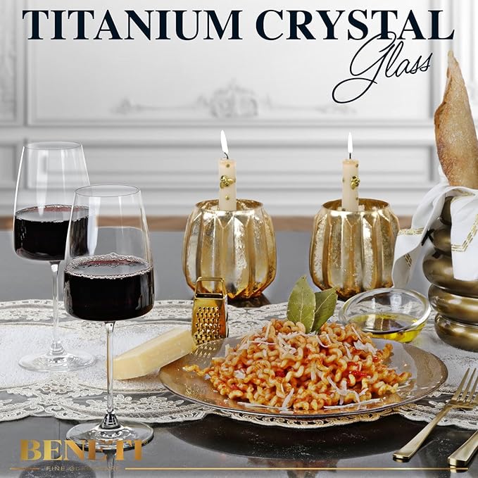 BENETI Luxury Wine Glasses Set of 4 | Handmade In Europe | 14oz Premium Crystal Red & White Long Stem Wine Glasses | Unique Modern Shape, Packaged In Beautiful Ready-to Gift, Gift Box