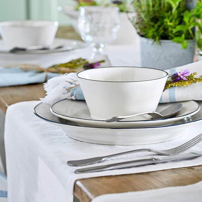 Costa Nova Ceramic Stoneware 15 oz. Soup & Cereal Bowl - Beja Collection, White & Blue | Microwave & Dishwasher Safe Dinnerware | Food Safe Glazing | Restaurant Quality Tableware