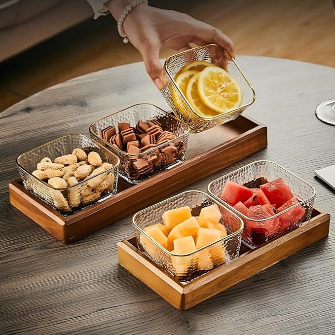 Premium Walnut Snack Tray with Lid, Glass Divided Fruit & Nut Bowl Set, Wooden Coffee Table Serving Tray for Candy, Dried Fruit, Desserts, Condiments, Charcuterie & Home Entertaining (4)