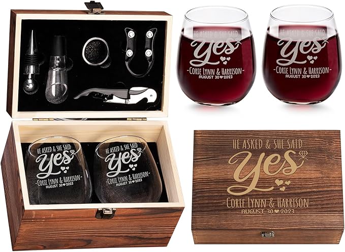 Custom She Asked Said Yes Bride Groom Wedding Engraved Set of 2 Stemless Wine Glasses and Accessories with Wood Box Design Your Own Personalized Gift for Him Her Couples