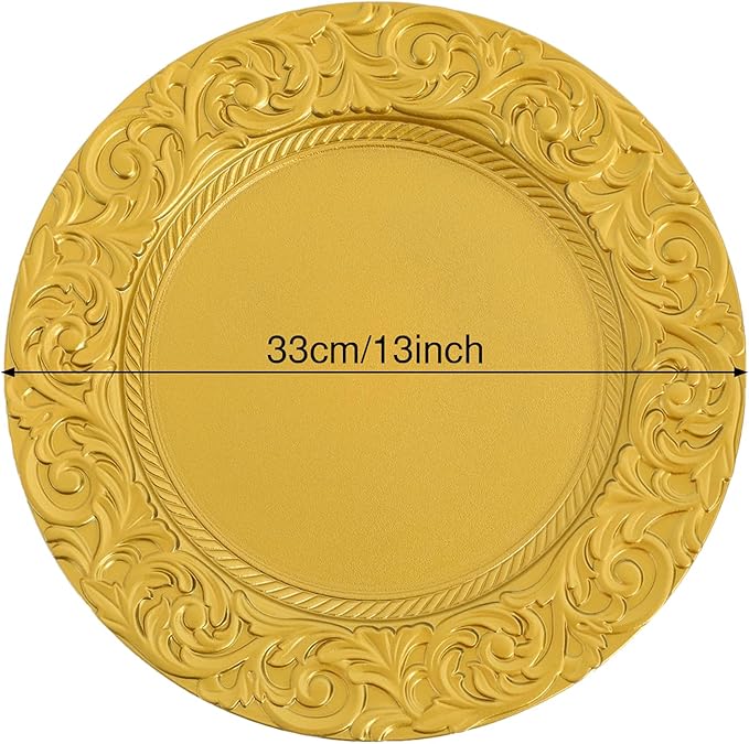 50 Pcs Antique Gold Charger Plates Bulk Round Plastic Dinner Plate Embossed Rim Server Plate Decorative Chargers Floral Plates for Dinner Parties Wedding,13 Inch (gold-50pcs)