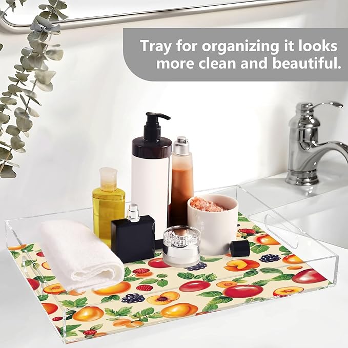 Serving Tray with Handles Clear Acrylic Tray 12x16 Inch Decorative Rectangular Tray Organizer for Ottoman Coffee Table Bathroom Georgia Peachs Vegetables Beige