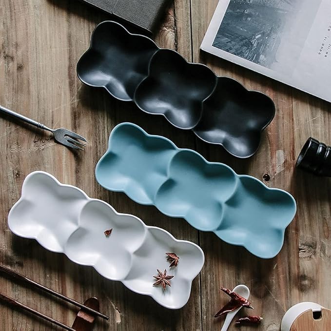 HEXEH Salad Plate Ceramic Sauce Dish 3 Compartment Soy Sauce Appetizer Serving Tray Rectangular Divided Sauce Dishes for Restaurant Kitchen Ketchup Sauce Or Seasoning Plastic Plate (Color : White)