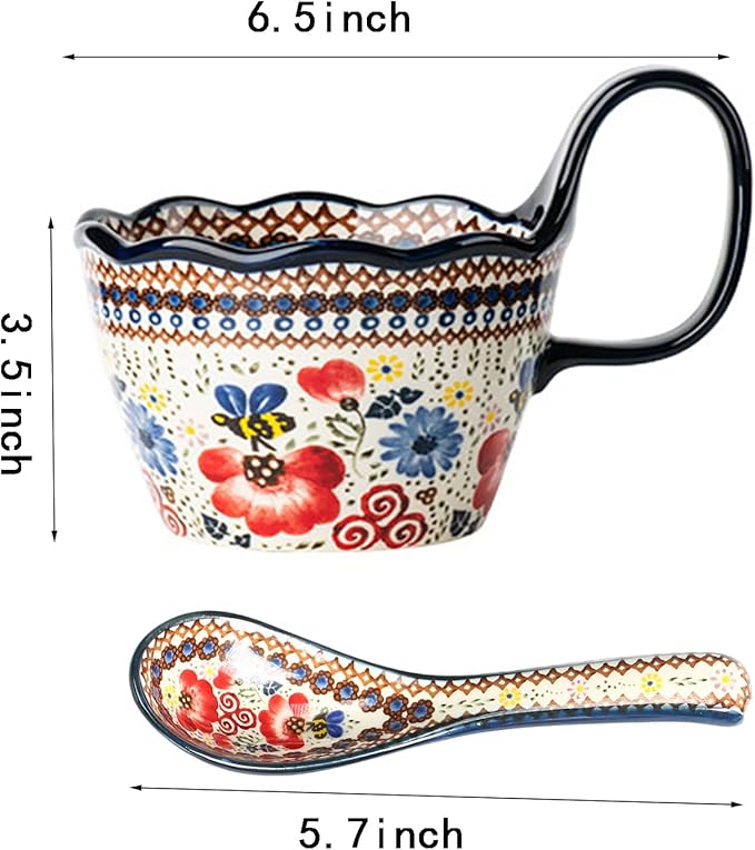 OZY Handpainted Soup Bowl with Handle,Ceramic Cereal Bowl Great for Soup, Ice cream, Fruits,Snack,Microwave &Dishwasher Safe (Honey picking,Spoon)
