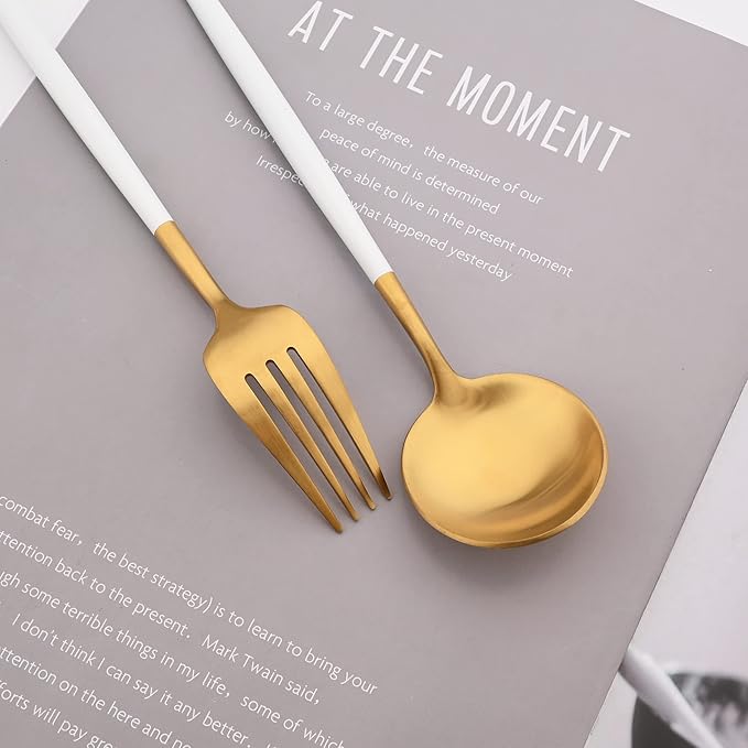 Flatware Set 18/10 Stainless Steel Matte White Handle Gold - Kitchen Utensil Serving Set of Dinner Fork Knife Spoons Salad Fork Dessert Spoon,20 Piece, Service for 4 (White + Gold)