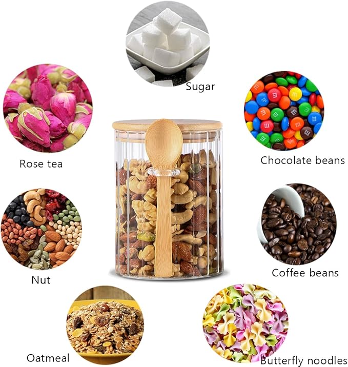 Glass Jar Sugar Container with Bamboo Spoons Lids 16 oz Sugar Bowl Coffee Bar Food Storage Jar Cereal Nuts Salts Coffee Tea Flour Sugar Container Spice Jar