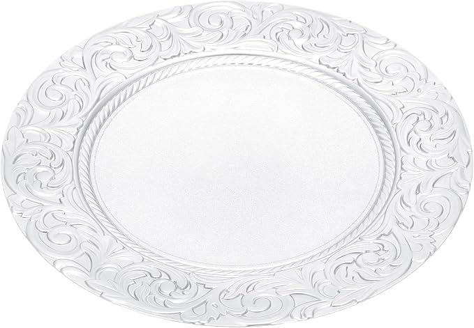 100 Pcs Antique Charger Plates 13 Inch Embossed Rim Plastic Decorative Round for Table Setting Wedding Party Event Tabletop Setting Decor (Silver)