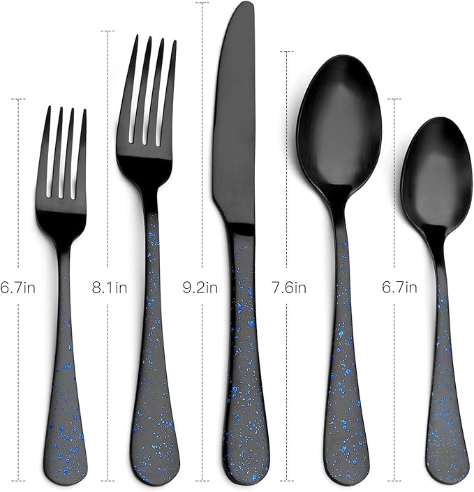 O.C.E. Matte Black Silverware Set, Stainless Steel Flatware, 20-Piece Tableware Cutlery Service for 4, Satin Finish Utensils, Dishwasher Safe (Starry Blue)