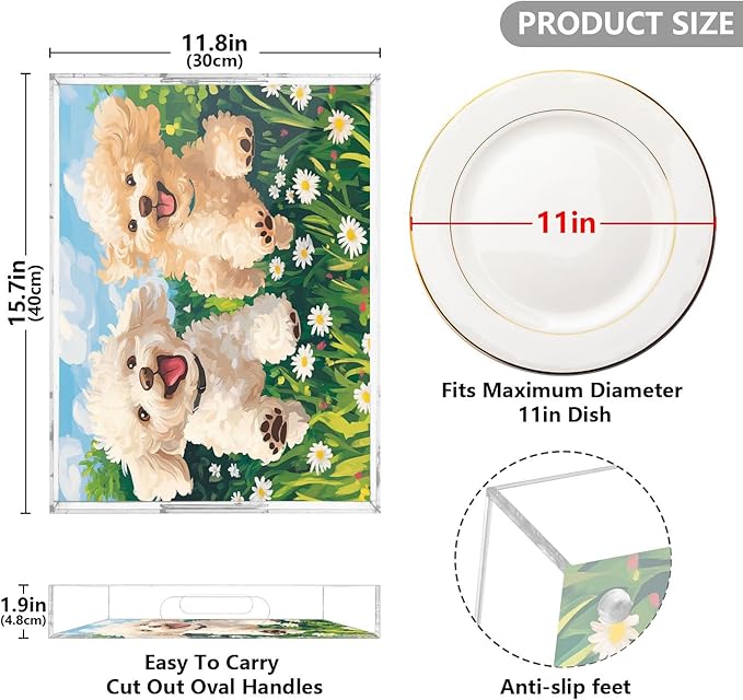 Serving Tray with Handles Clear Acrylic Tray 12x16 Inch Decorative Rectangular Tray Organizer for Ottoman Coffee Table Bathroom Spring Running Poodle Dogs