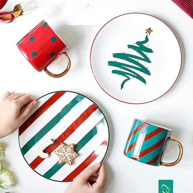 Plates Christmas Dinnerware Set Plates and Bowls Tableware Decoration Coffee Mugs Plates Set Ceramic Xmas Set Porcelain Plate(B)