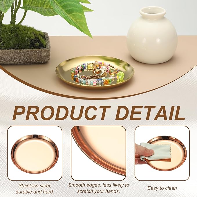 uxcell Round Serving Trays, 3.94" Stainless Steel Decorative Jewelry Dish, Small Vanity Tray for Bathroom Aromatherapy Candle Drink Plate,Rose Gold
