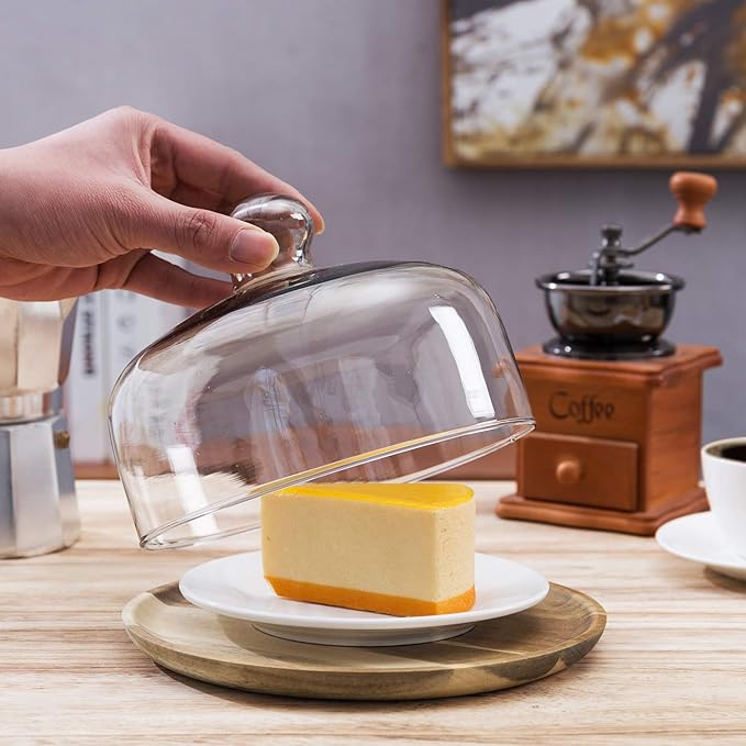 MyGift Cloche Dome Clear Glass Dessert Cheese Serving Tray 7.5 Inch Small Cake Cupcake Stand with Acacia Wood Base for Party Wedding