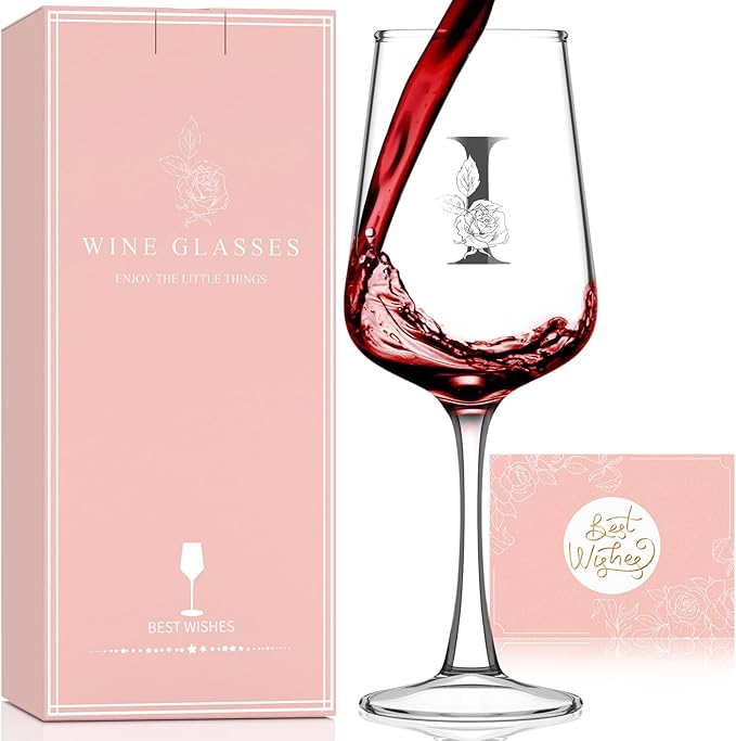 Personalized Wine Glass Gifts for Women - Monogrammed A-Z Wine Glasses Gift | Custom Christmas Gift, Valentines Day, Birthday Gifts for Women Her Mom Wife Best Friend Sister (I)