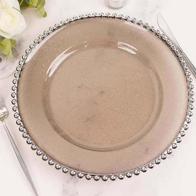 Efavormart 6 Pack | 12" Black/Silver Glitter Acrylic Plastic Charger Plates With Beaded Rim