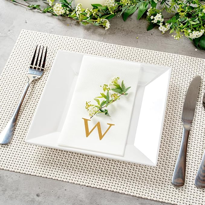Luxenap 15.8 X 7.9 Inch Linen-Feel Guest Towels, 50 Lettered Hand Towels - Gold Letter 'W', Sans Serif Font, White Paper Dinner Napkins, airlaid, For Restrooms And Tables