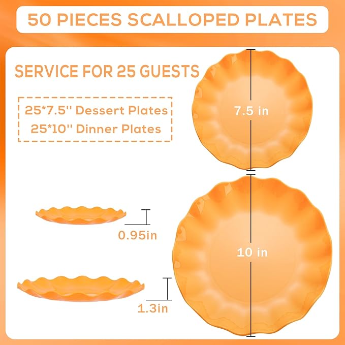 LIYH 50 Pcs Heavy Duty Plates Orange Scalloped Plastic Plates Reusable Unbreakable Plastic Plate for Party, Dishwasher Safe BPA Free (25Guests)