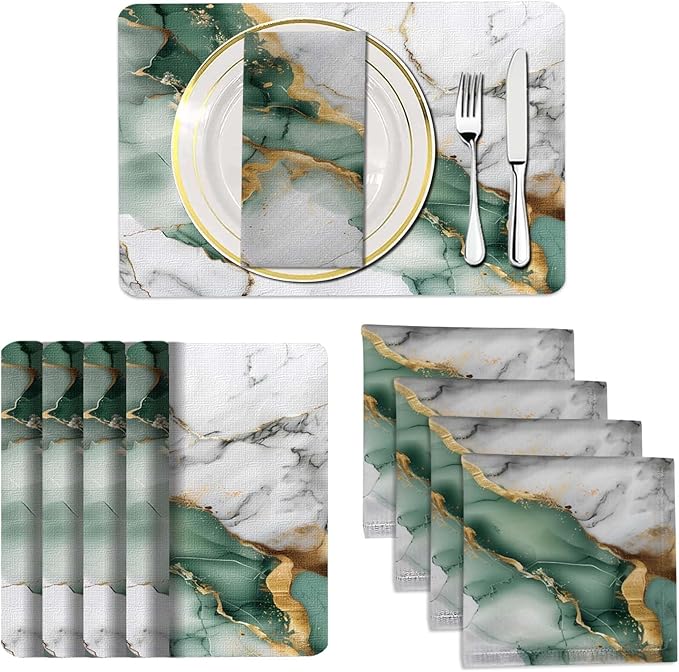 Mcalk 4 Each Green Marble Placemats and Cloth Napkins Set of 8, Modern Art Placemat, Marble Print Cloth Napkin for Home Kitchen Decor (Placemats 18 "x12 Napkins 18 "x18)