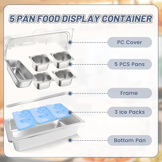 Countertop Ice Food Serving Display Tray with 5 Pan, Salad Bar Buffet Station for Home, Cold Food Buffet Server, Pizza Topping Station, Cold Buffet Table Serving Station for Party