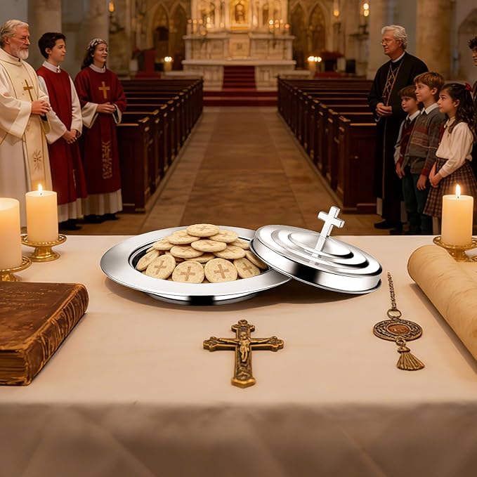 Silver Communion Bread Tray with Lid, Stainless Steel Holy Communion Tray for Churches, Polished Church Supplies Ware (304 Stainless)