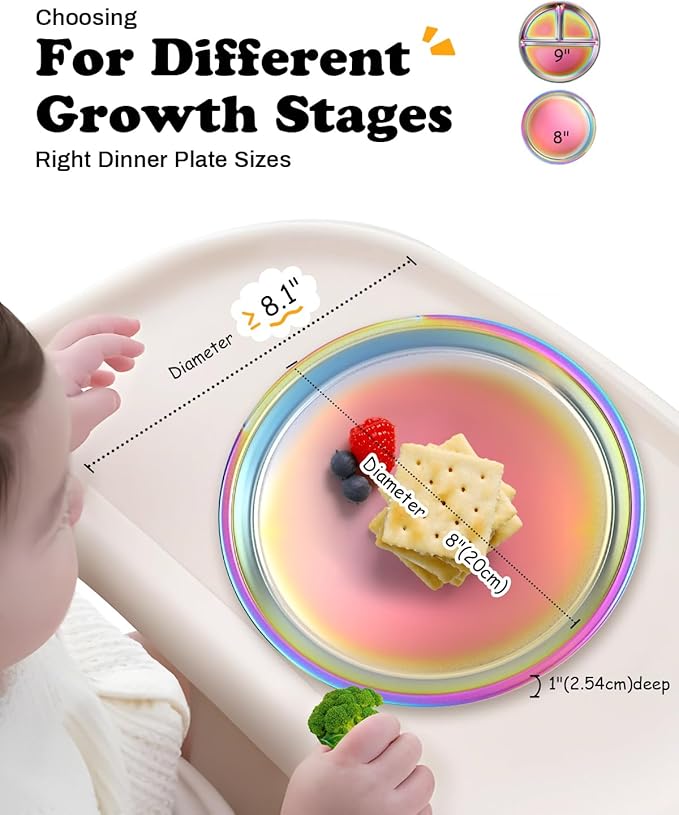 Stainless Steel Kids Plates 4 Packs, 8" Non Divided Toddlers Portion Control Plate, Non Toxic & BPA Free |Unbreakable |Dishwasher Safe Baby Snack Dish for Daycare Outings & Travel, Colorful