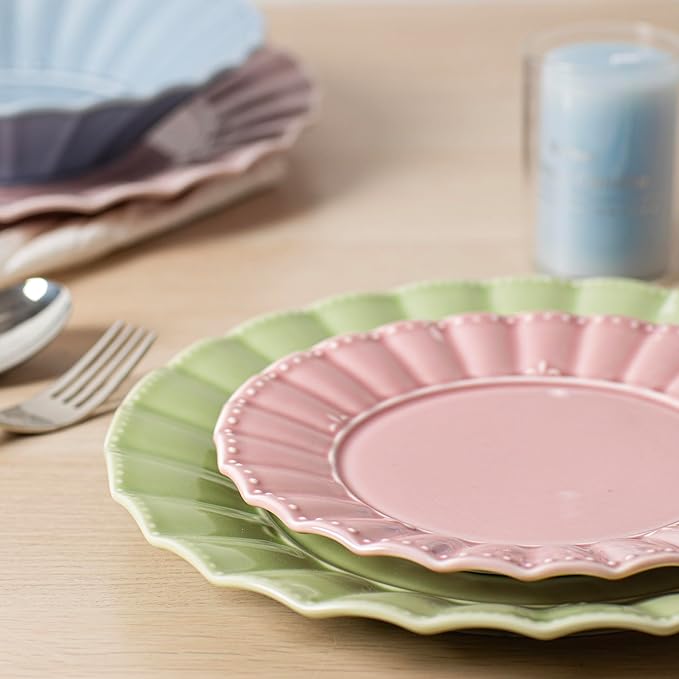 HOMBENE Dinner Plates 10.5 Inches Set for 6, Ceramic Plates, Salad Serving Plates, Wavy Style, Microwave & Dishwasher Safe Plates for Cake Waffles Snacks (Dreamy Sakura Pink)
